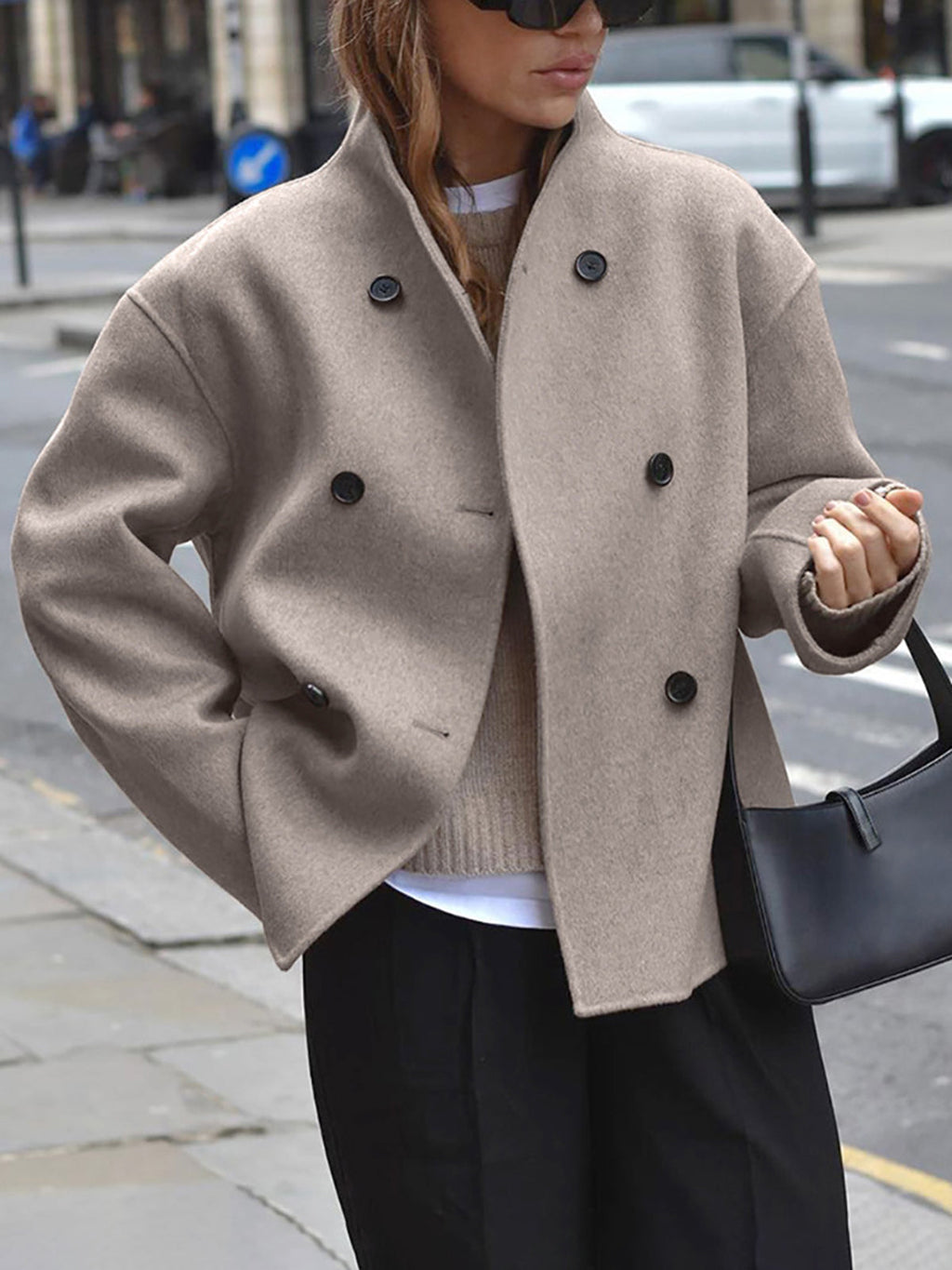 Women's Oversized Double-Breasted Short Coat with High Stand Collar