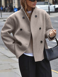 Women's Oversized Double-Breasted Short Coat with High Stand Collar