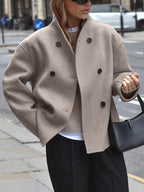 Women's Oversized Double-Breasted Short Coat with High Stand Collar