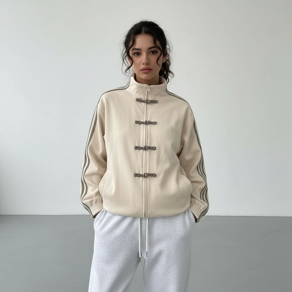 Retro Track Jacket with Button Loops & Contrast Stripes – Velour Look Zip Jacket