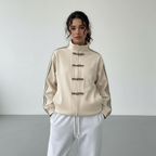 Retro Track Jacket with Button Loops & Contrast Stripes – Velour Look Zip Jacket