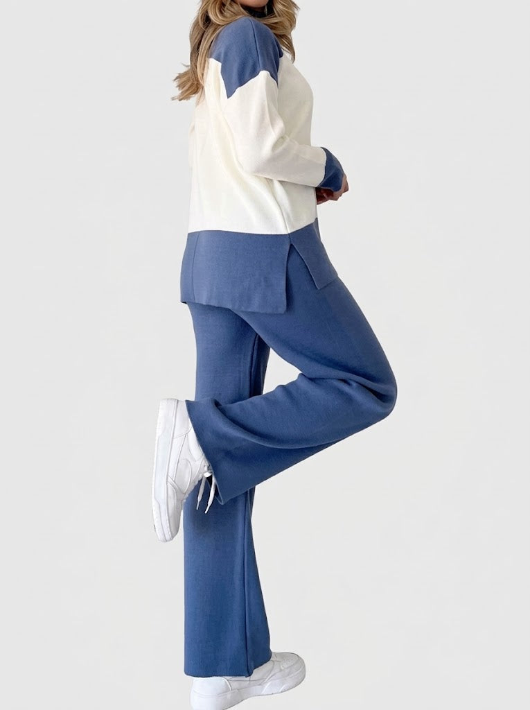 Women's Colour-Block Knit Co-Ord Set – High-Neck Long-Sleeve Top