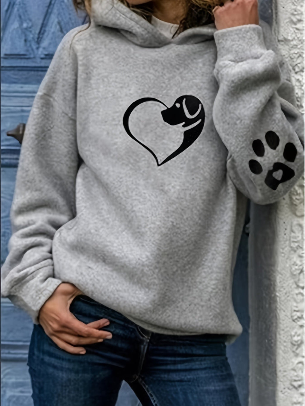 Women's Relaxed Fit Dog Heart Print Pullover Hoodie with Paw Print Sleeve