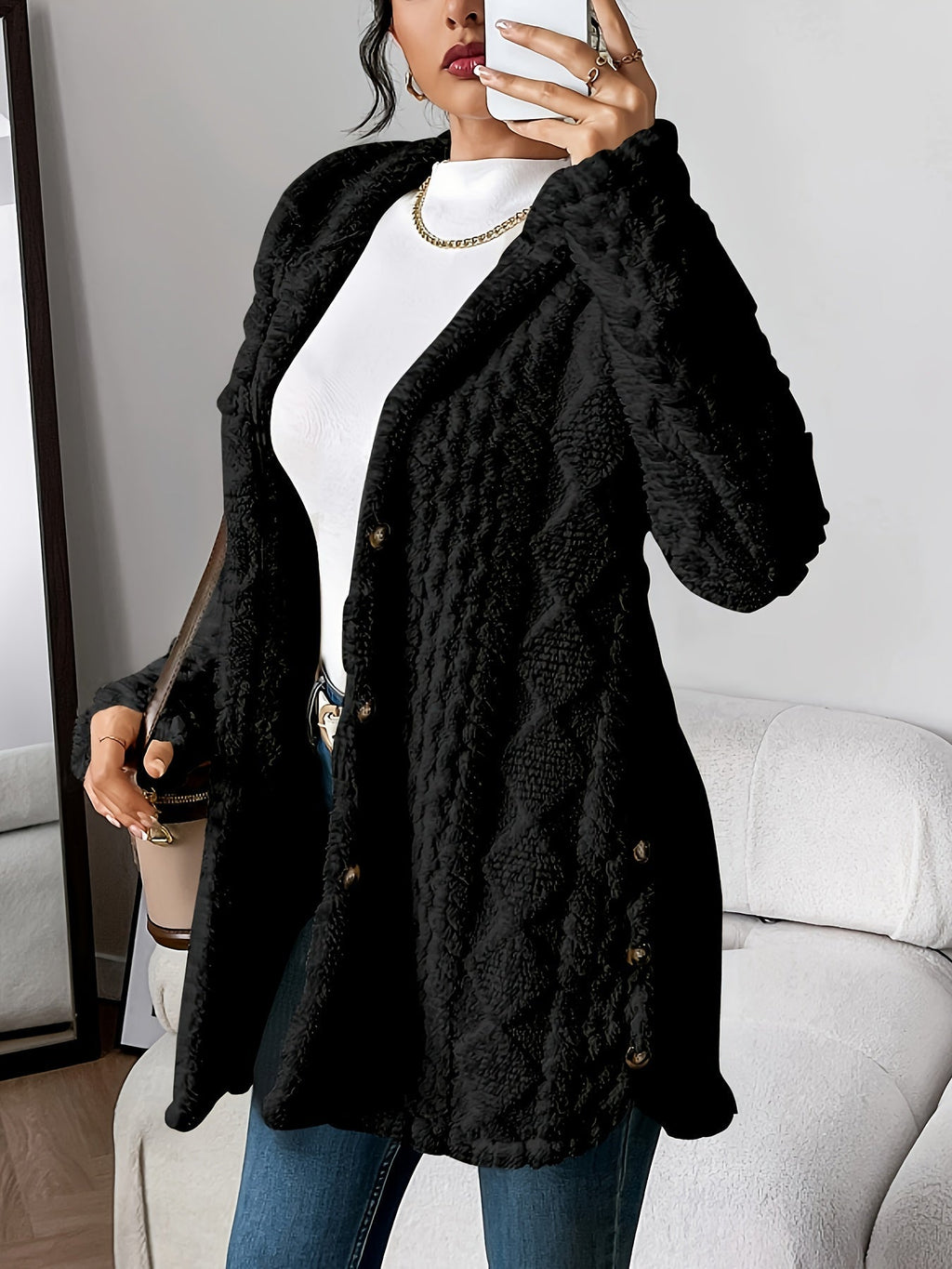Women's Longline Textured Knit Cardigan with Button Front
