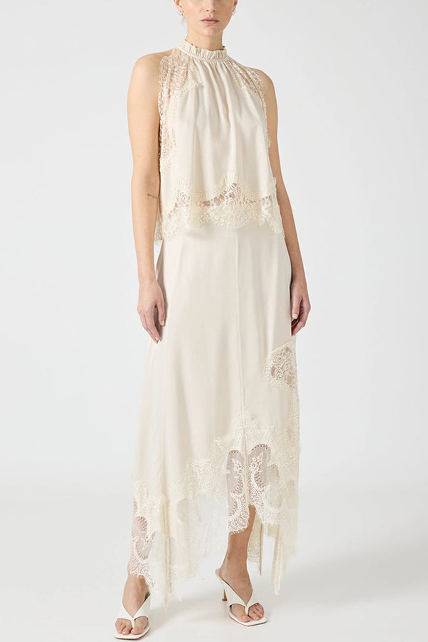 Satin Lace-Trim Top & A-Line Slit Skirt Set