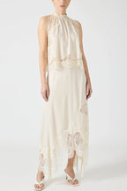 Satin Lace-Trim Top & A-Line Slit Skirt Set