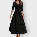 Velvet Jacquard Midi Dress V-Neck Flared | Meave & Ivy