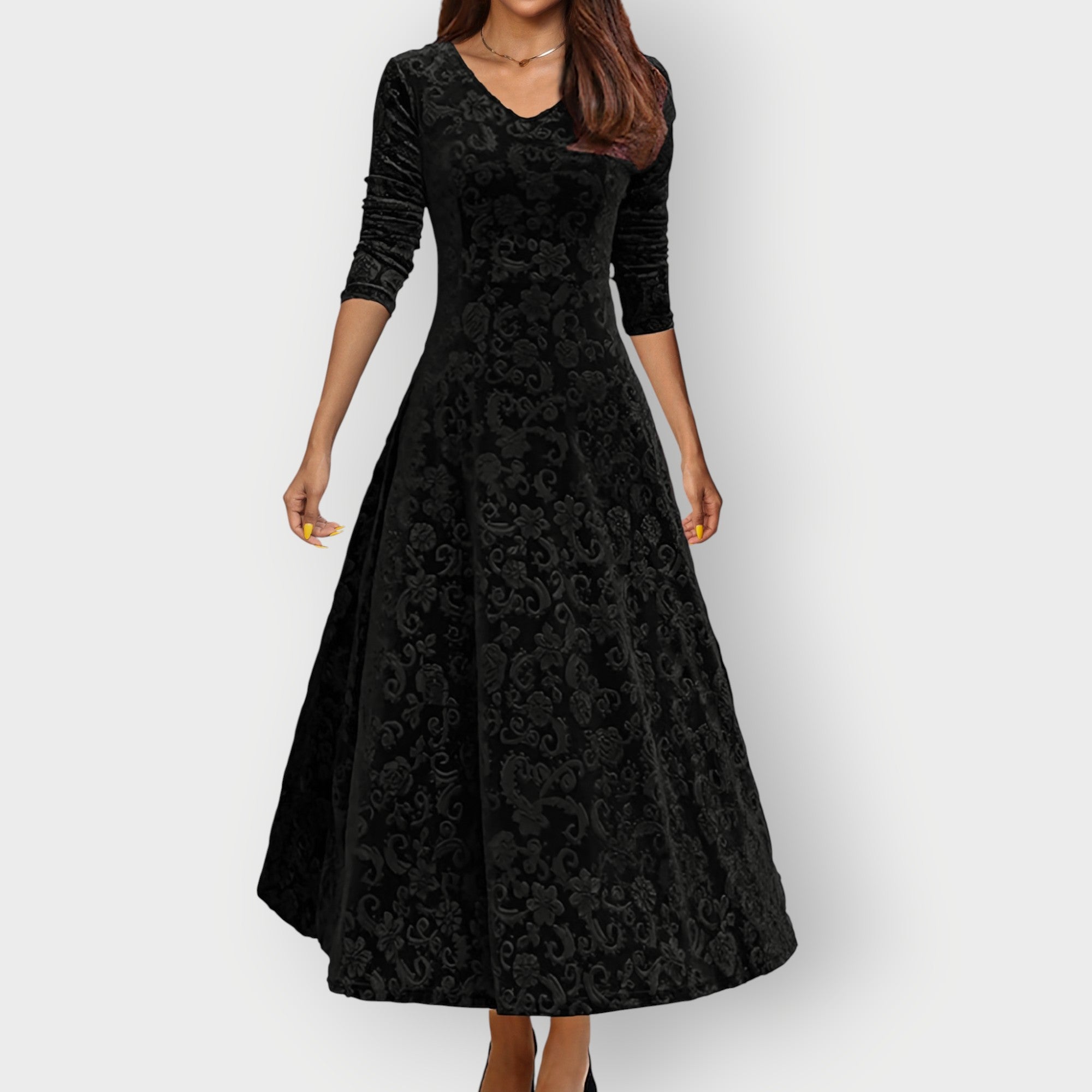 Velvet Jacquard Midi Dress V-Neck Flared | Meave & Ivy