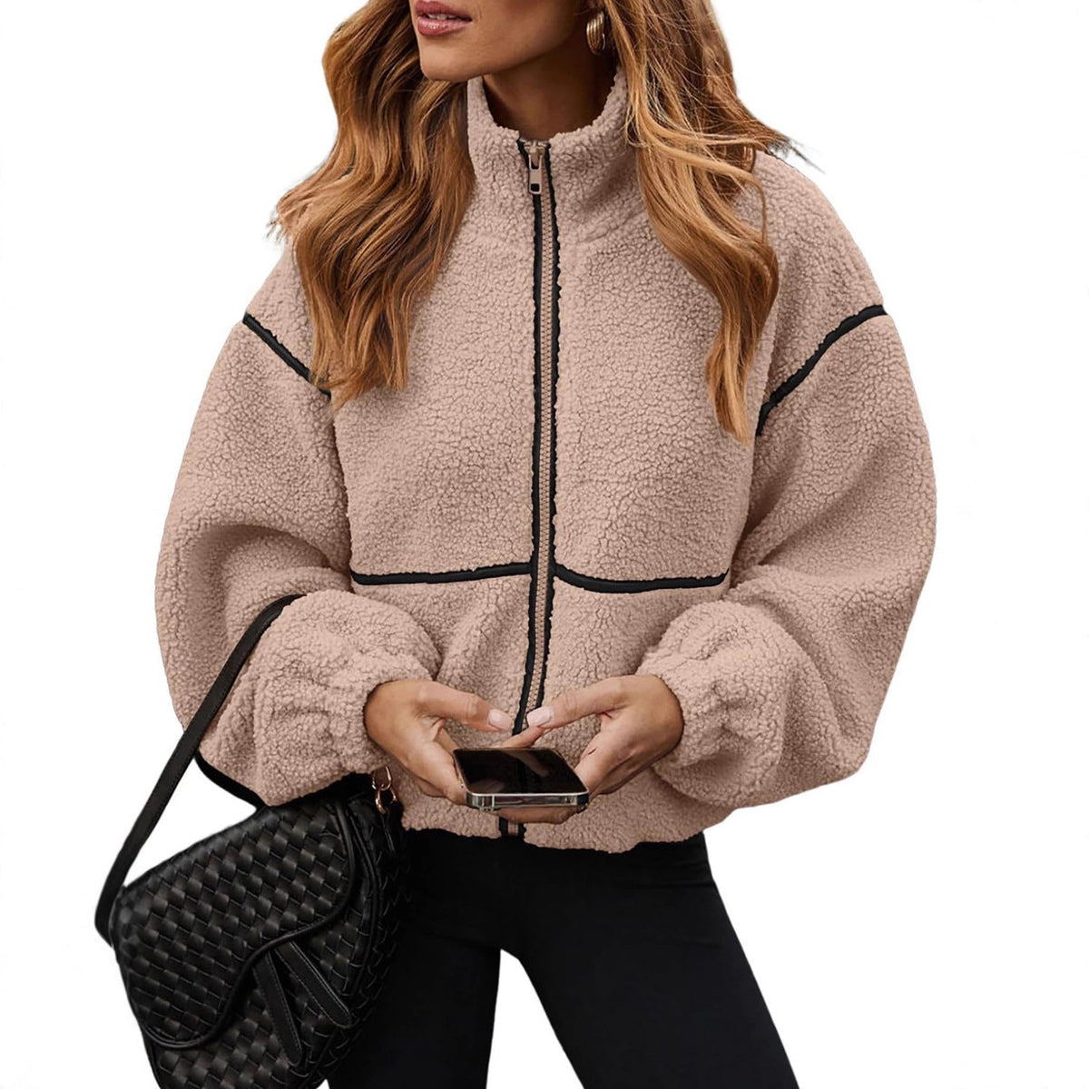 Women's Plush Teddy Fleece Zip-Up Jacket with High Stand Collar