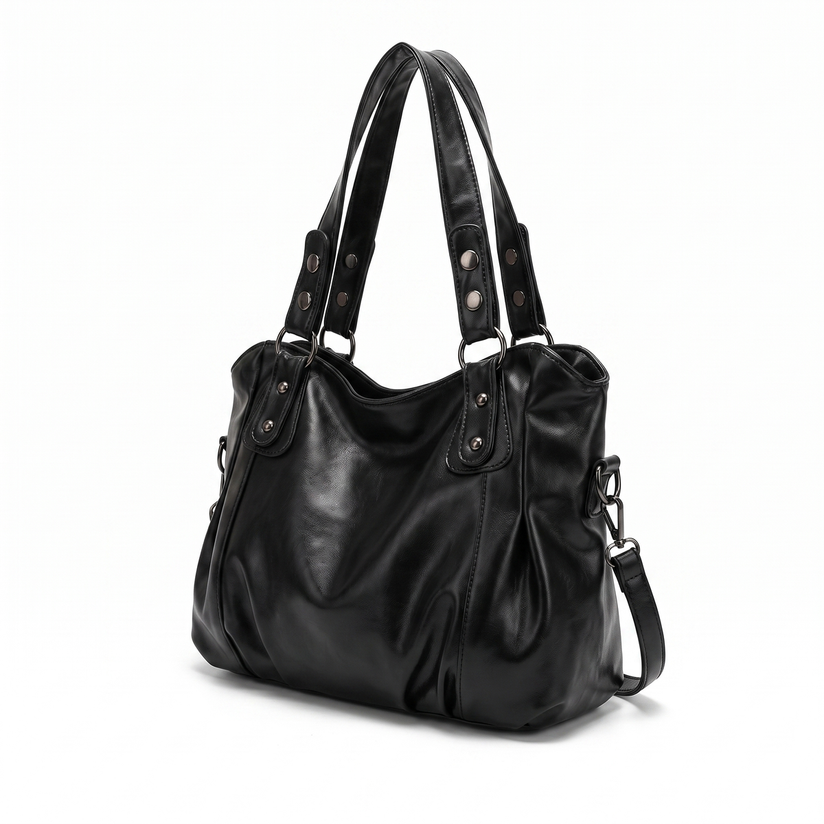 Ruched Hobo Bag with Studded Strap Tabs
