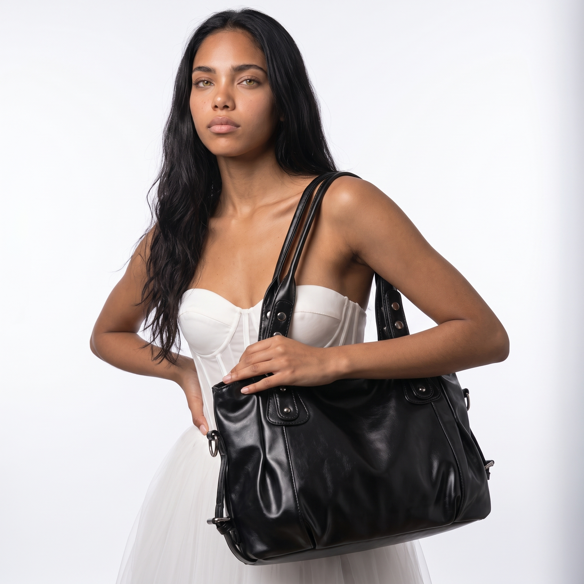 Ruched Hobo Bag with Studded Strap Tabs