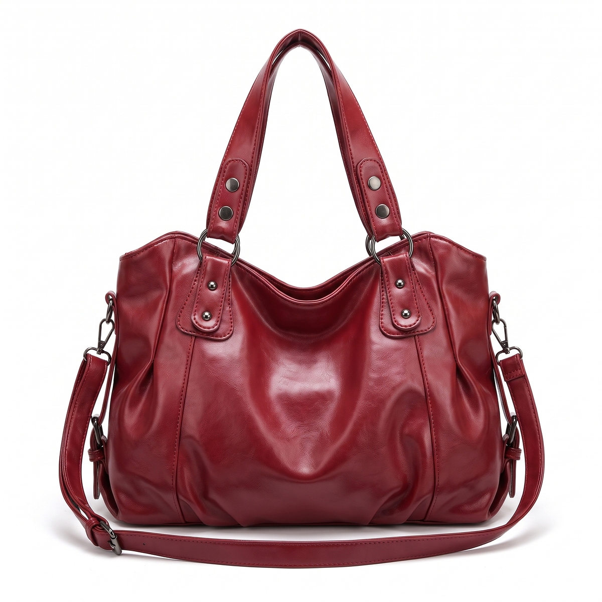 Ruched Hobo Bag with Studded Strap Tabs