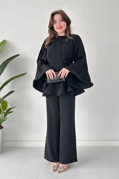 Women's Pleated Belted Top and Wide-Leg Trouser Set