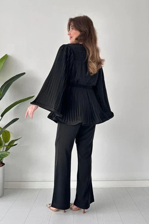 Women's Pleated Long-Sleeve Tunic and Wide-Leg Trousers Set with Tie Waist