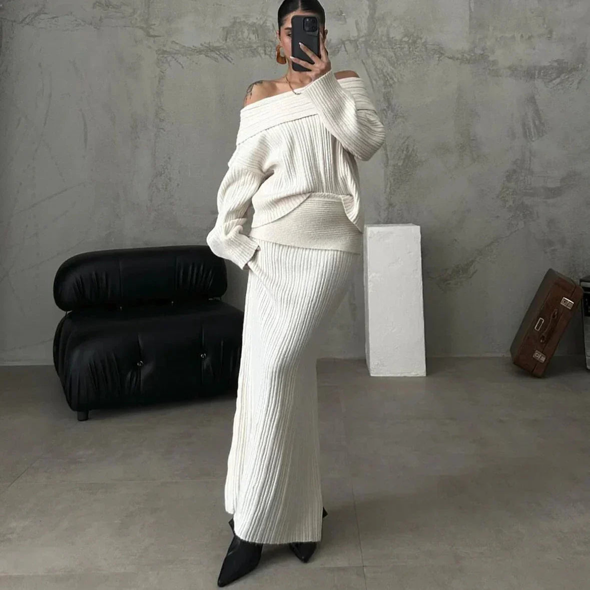 Women's Off-Shoulder Ribbed Knit Jumper and Fitted Maxi Skirt Set