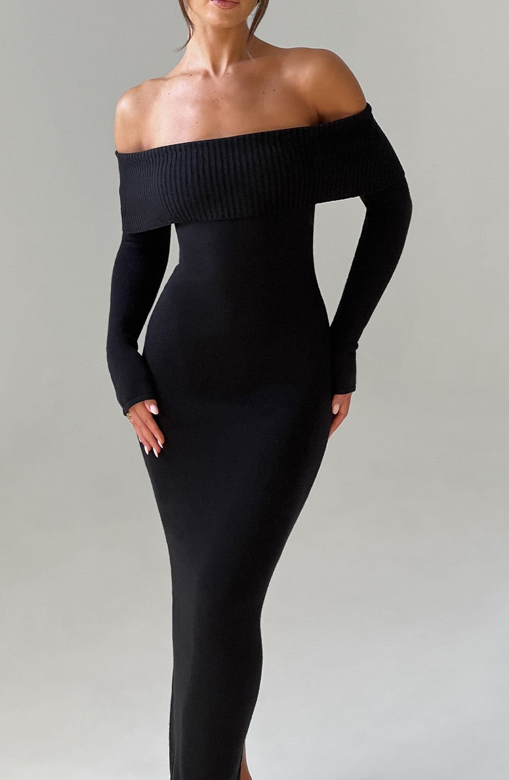 Black Bardot Knit Maxi Dress – Elegant Bodycon Evening Dress | Meave & Ivy