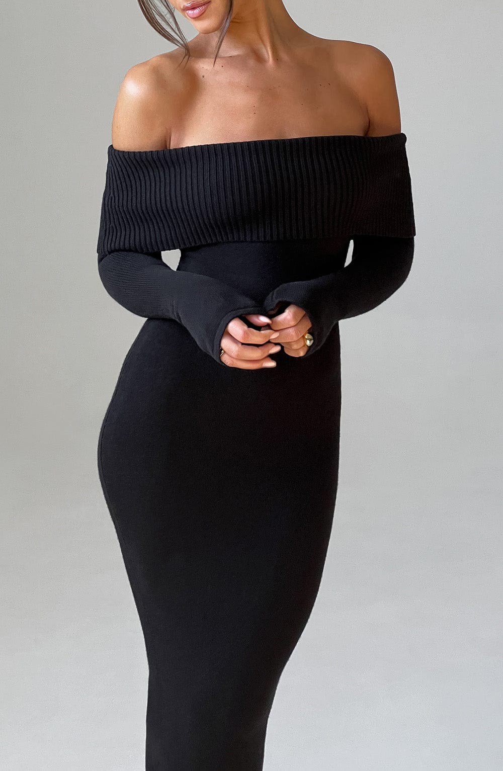 Black Bardot Knit Maxi Dress – Elegant Bodycon Evening Dress | Meave & Ivy