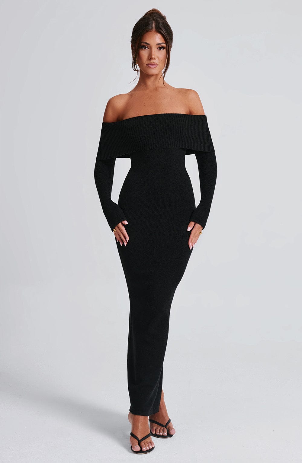 Black Bardot Knit Maxi Dress – Elegant Bodycon Evening Dress | Meave & Ivy