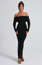 Black Bardot Knit Maxi Dress – Elegant Bodycon Evening Dress | Meave & Ivy