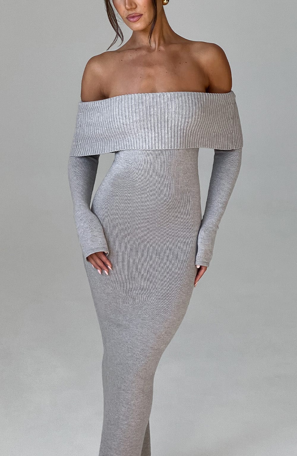 Grey Bardot Knit Maxi Dress – Elegant Bodycon Evening Dress | Meave & Ivy