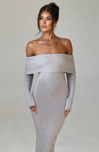 Grey Bardot Knit Maxi Dress – Elegant Bodycon Evening Dress | Meave & Ivy