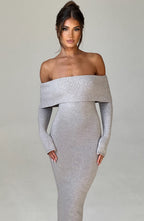 Grey Bardot Knit Maxi Dress – Elegant Bodycon Evening Dress | Meave & Ivy