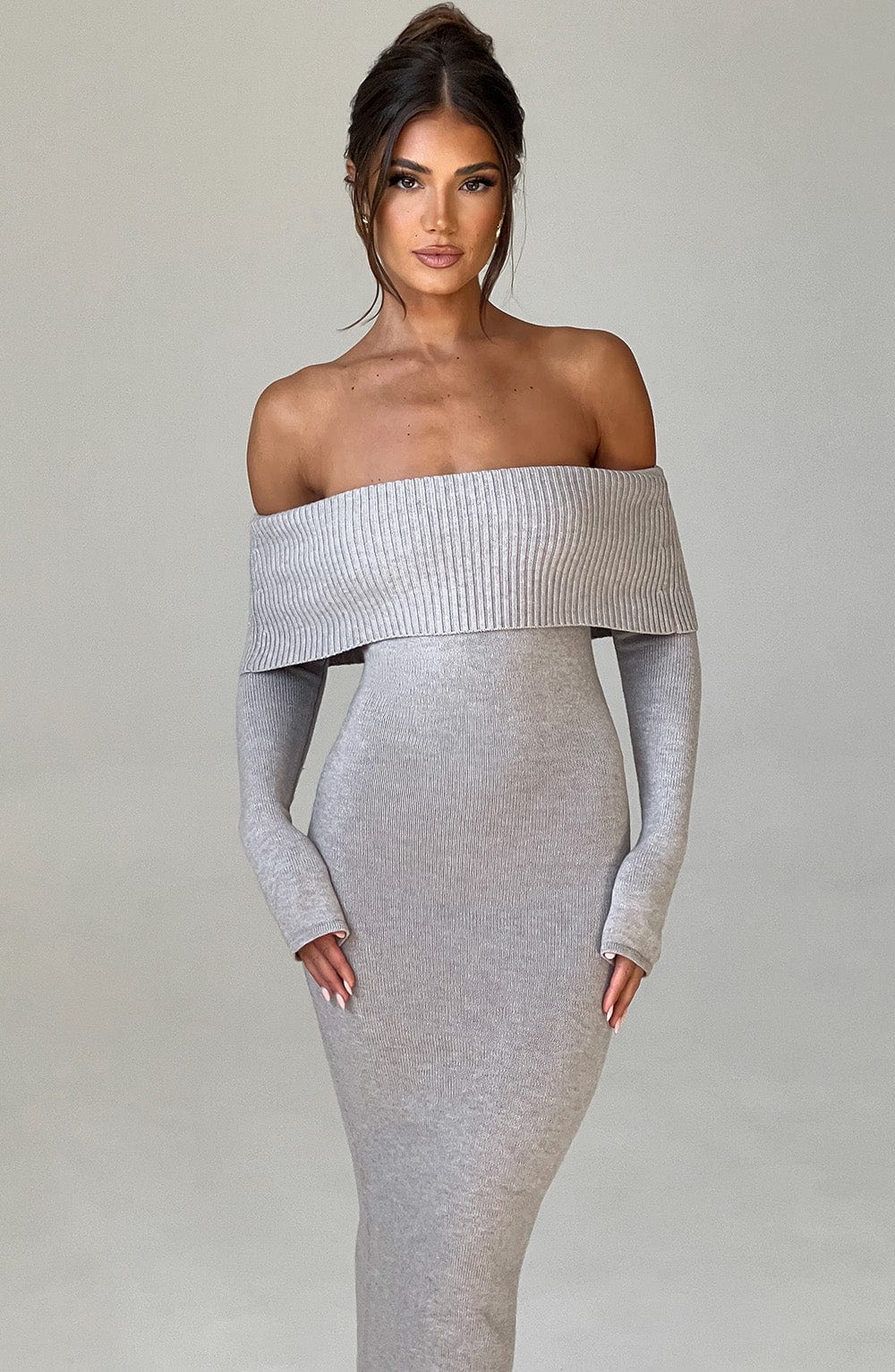 Grey Bardot Knit Maxi Dress – Elegant Bodycon Evening Dress | Meave & Ivy