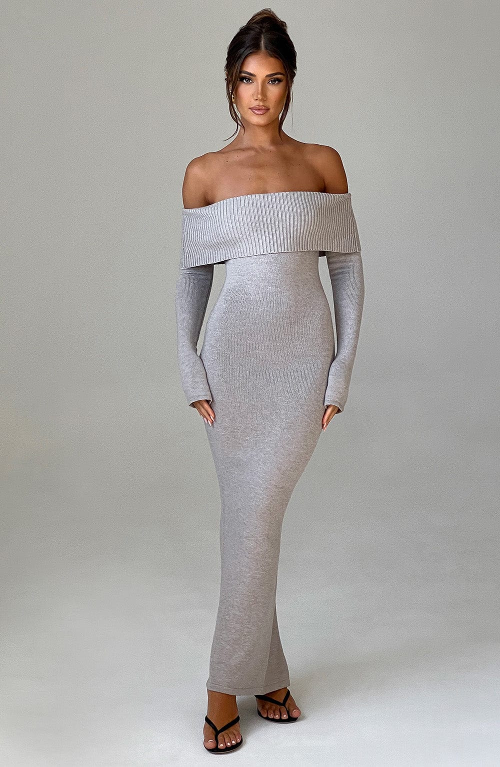 Grey Bardot Knit Maxi Dress – Elegant Bodycon Evening Dress | Meave & Ivy