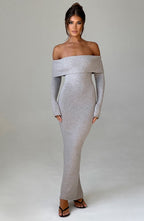 Grey Bardot Knit Maxi Dress – Elegant Bodycon Evening Dress | Meave & Ivy