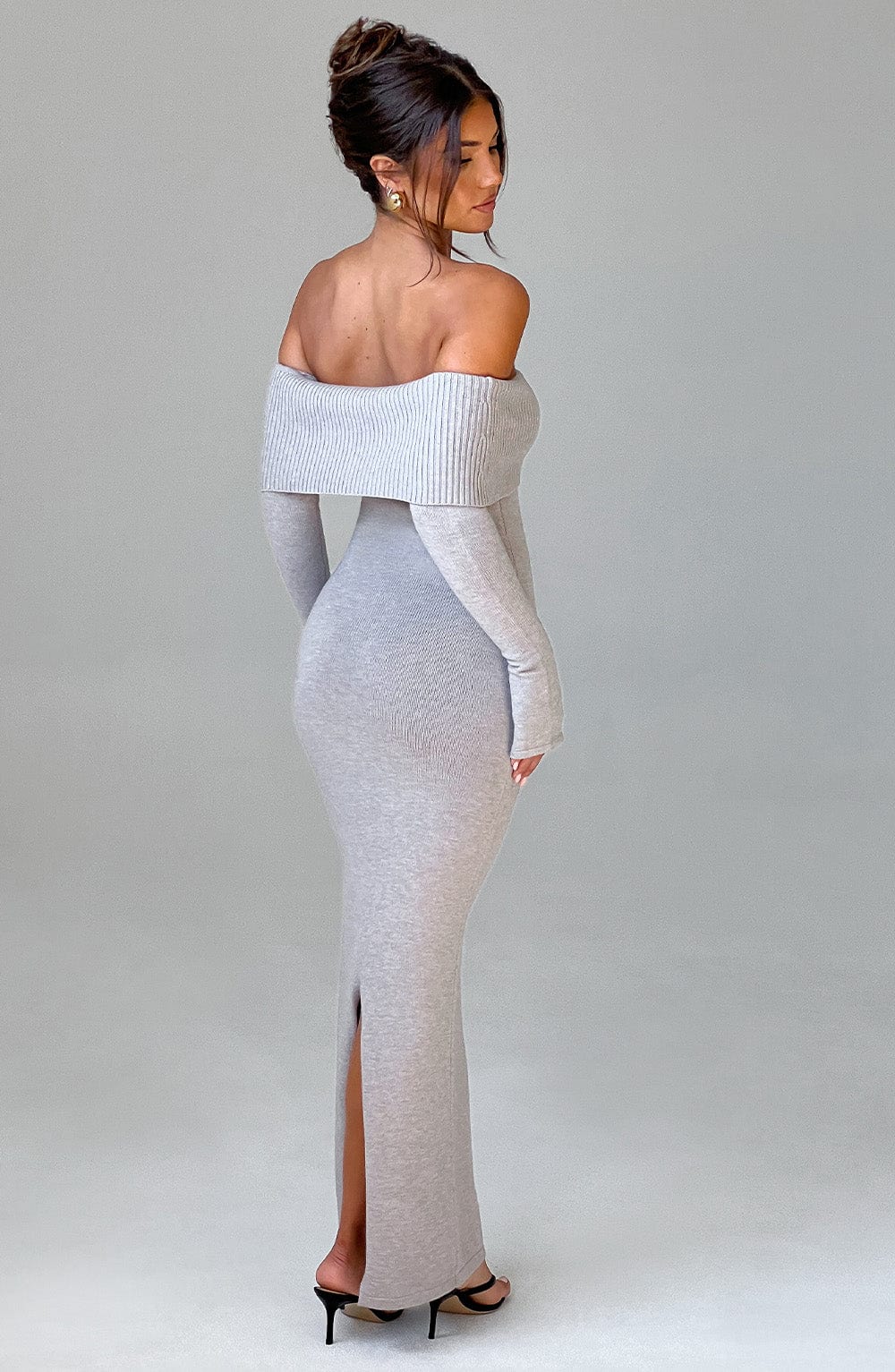 Grey Bardot Knit Maxi Dress – Elegant Bodycon Evening Dress | Meave & Ivy
