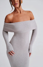 Grey Bardot Knit Maxi Dress – Elegant Bodycon Evening Dress | Meave & Ivy
