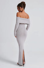 Grey Bardot Knit Maxi Dress – Elegant Bodycon Evening Dress | Meave & Ivy