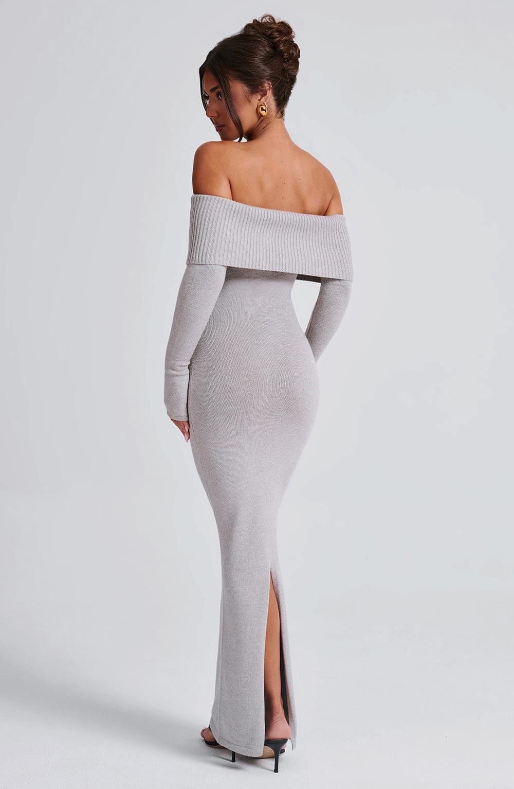 Grey Bardot Knit Maxi Dress – Elegant Bodycon Evening Dress | Meave & Ivy