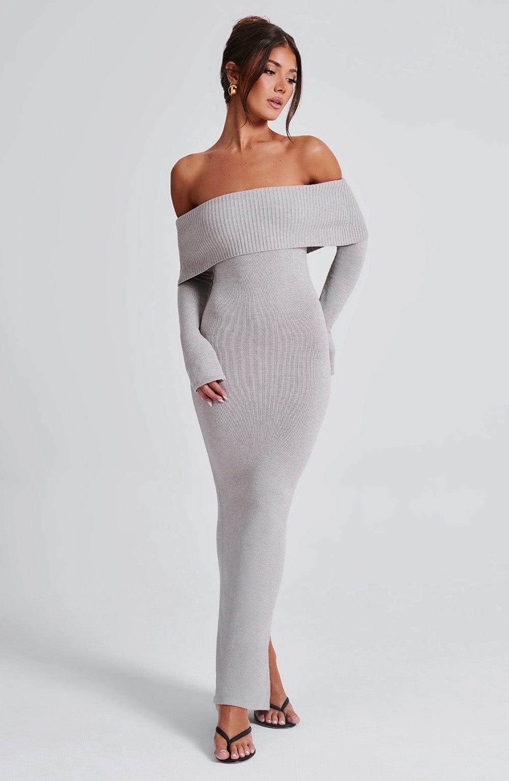 Grey Bardot Knit Maxi Dress – Elegant Bodycon Evening Dress | Meave & Ivy