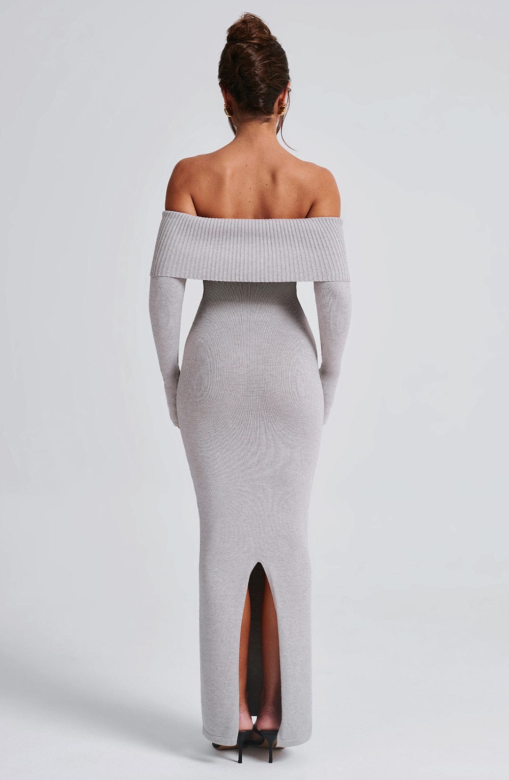 Grey Bardot Knit Maxi Dress – Elegant Bodycon Evening Dress | Meave & Ivy