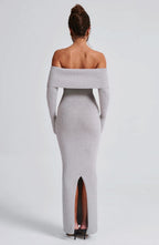 Grey Bardot Knit Maxi Dress – Elegant Bodycon Evening Dress | Meave & Ivy