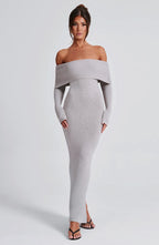 Grey Bardot Knit Maxi Dress – Elegant Bodycon Evening Dress | Meave & Ivy