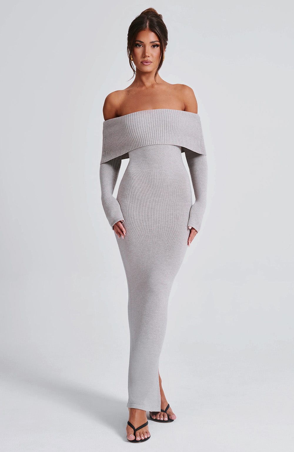 Grey Bardot Knit Maxi Dress – Elegant Bodycon Evening Dress | Meave & Ivy