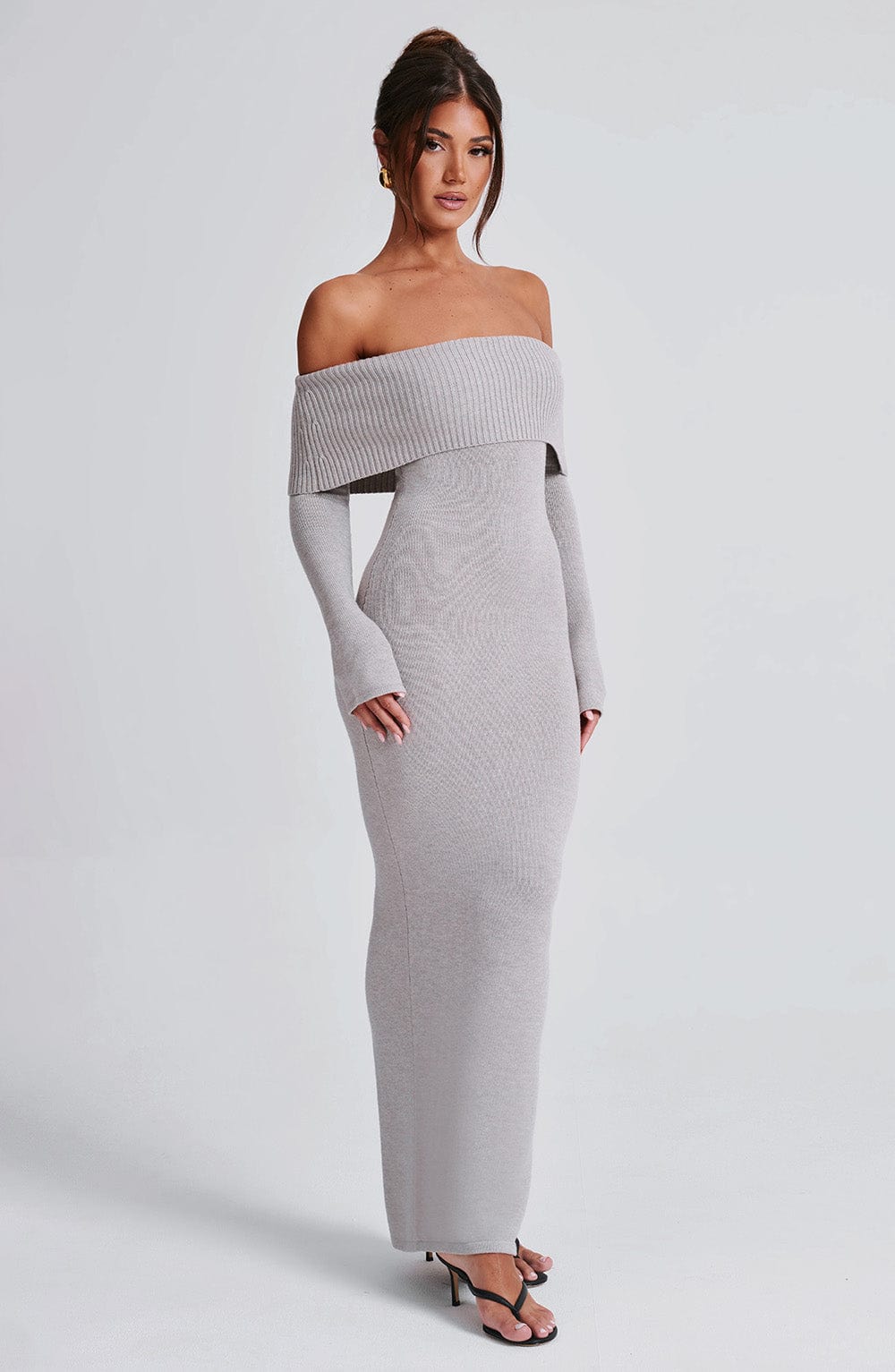 Grey Bardot Knit Maxi Dress – Elegant Bodycon Evening Dress | Meave & Ivy