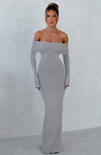 Grey Bardot Knit Maxi Dress – Elegant Bodycon Evening Dress | Meave & Ivy