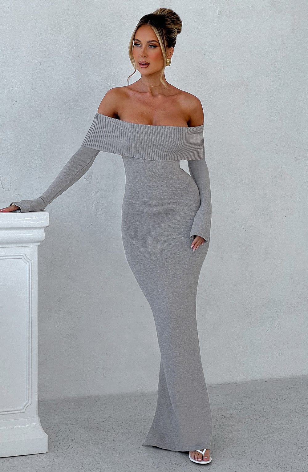 Grey Bardot Knit Maxi Dress – Elegant Bodycon Evening Dress | Meave & Ivy