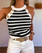 Striped Halter Sleeveless Knit Tank Top with Golden Button Detail | Meave & Ivy