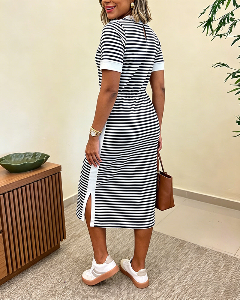 Striped Colorblock Midi T-Shirt Dress with Side Slit and Pockets | Meave & Ivy