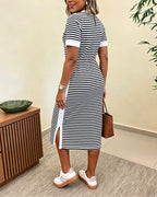 Striped Colorblock Midi T-Shirt Dress with Side Slit and Pockets | Meave & Ivy