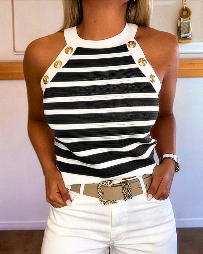 Striped Halter Sleeveless Knit Tank Top with Golden Button Detail | Meave & Ivy