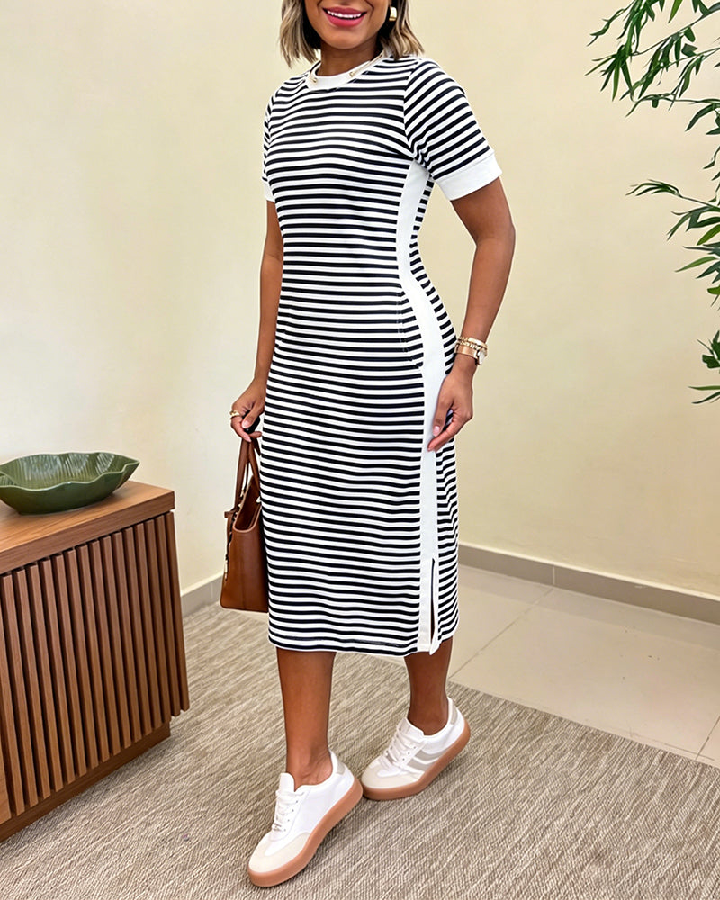 Striped Colorblock Midi T-Shirt Dress with Side Slit and Pockets | Meave & Ivy