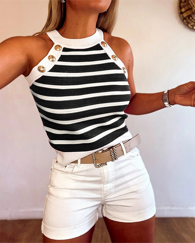 Striped Halter Sleeveless Knit Tank Top with Golden Button Detail | Meave & Ivy