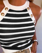 Striped Halter Sleeveless Knit Tank Top with Golden Button Detail | Meave & Ivy