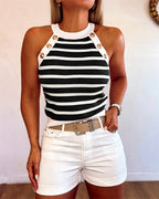 Striped Halter Sleeveless Knit Tank Top with Golden Button Detail | Meave & Ivy