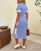 Striped Colorblock Midi T-Shirt Dress with Side Slit and Pockets | Meave & Ivy